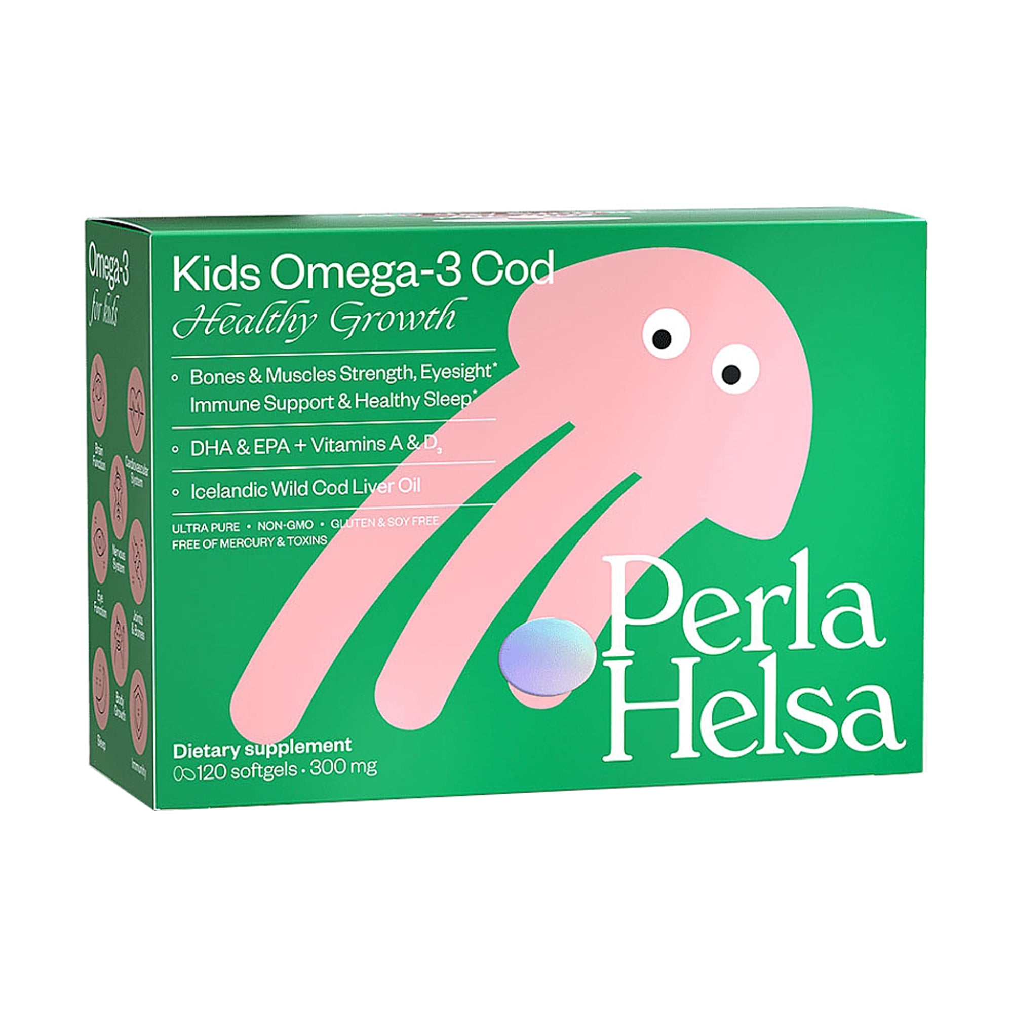 Омега-3 з тріски з вітамінами А, D3 для дітей Perla Helsa Kids Omega-3 Cod Healthy Growth 300 мг, 120 капсул